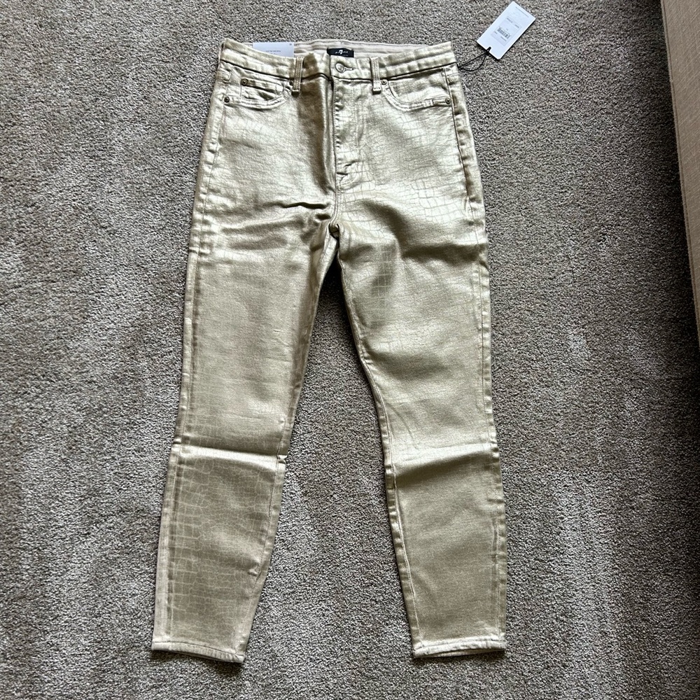 Gold, metallic, snake skin, print jeans